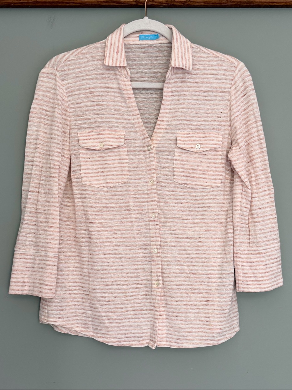J. McLaughlin Linen Blend Pink White Stripe Lightweight V-Neck Button Down Shirt